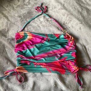 Pink Printed Slinky Ruched Side Chain Halter Crop Top